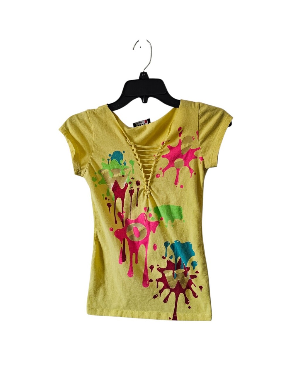 VTG Y2K Helium Slashed Tee S Scene McBling Paint Splatter Braided Cutout Top